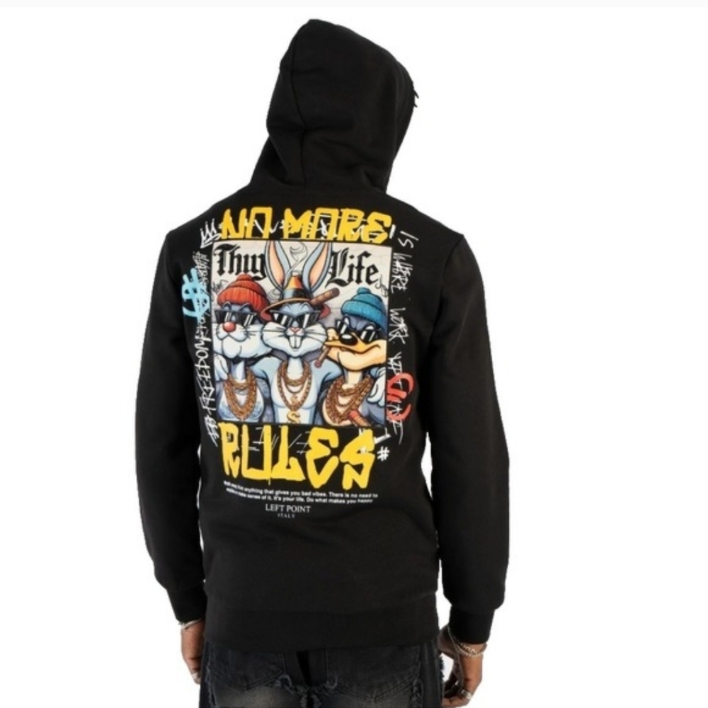 NWT Looney Tunes Bugs Bunny Thug Life Left Point Hoodie Pull Over Black Size 4XL